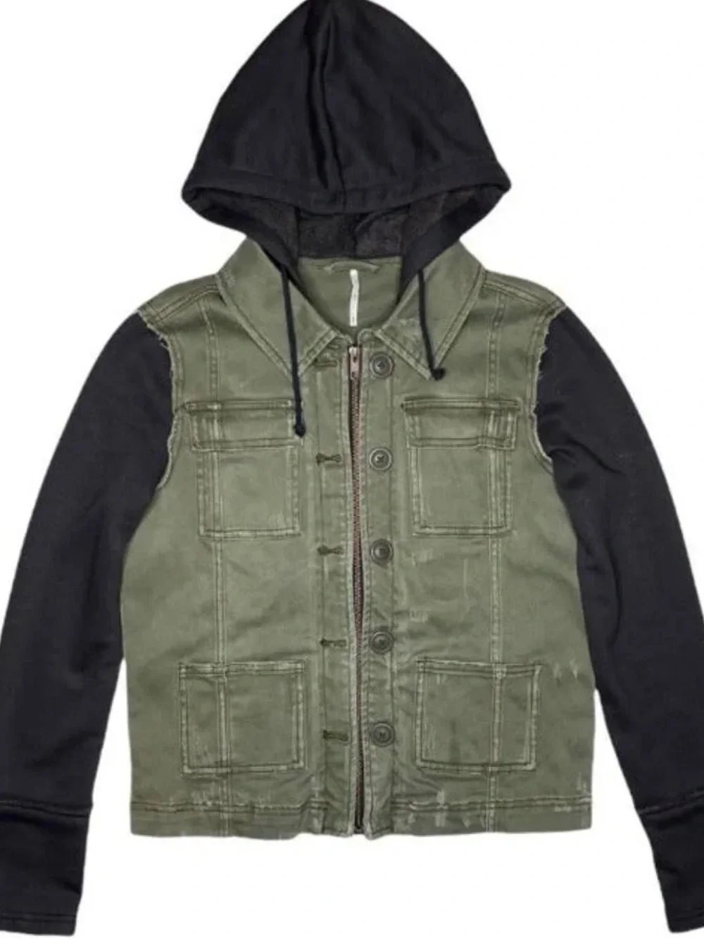 Free People Olive Green Moto Jacket with Black Hoodie and Sleeves